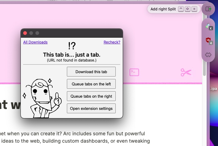 extension/multitasking menu on arc, with the tsukihi extension opened in a small adjacent window