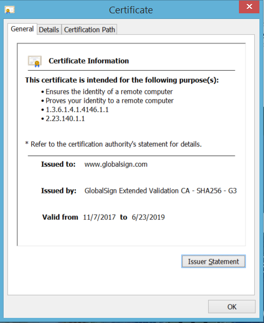 The Win32 certificate details window