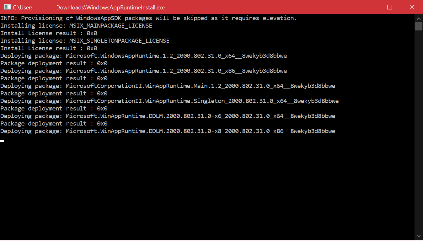 A beautiful console window installing weird MSIX packages so you can use winappsdk