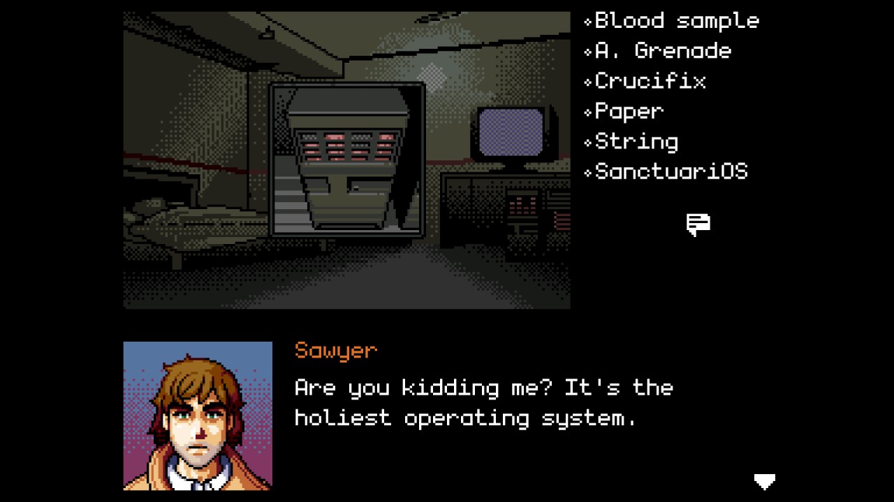 A screenshot of Digital Exorcist where the protag talks about SanctuariOS, "the holiest operating system"