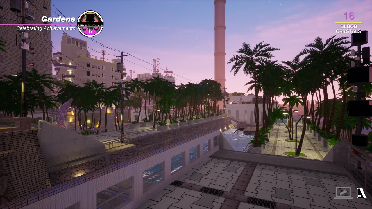 A screenshot of Paradise Killer, in the civilian apartments at sunset