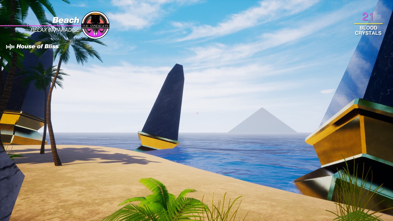 Another screenshot of Paradise Killer. oh to be lounging on the beach alongside the obsidian obelisks looking at the alien pyramid in the far distance
