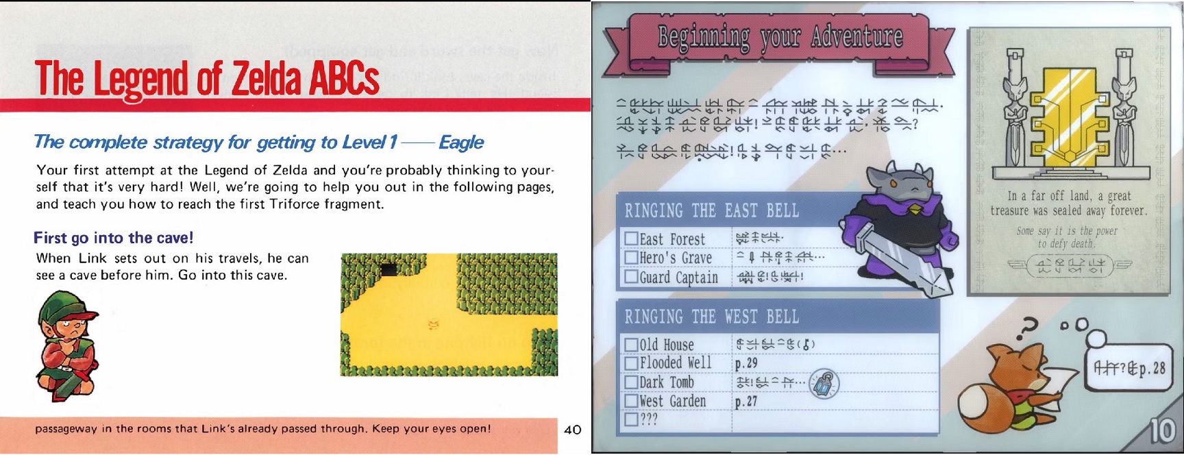A page from Tunic's manual and another from the Zelda 1 manual