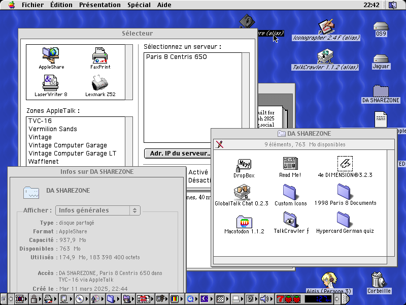 Mac OS 9 screenshot showing a shared folder from a Centris 650 with the classic naviGator icon