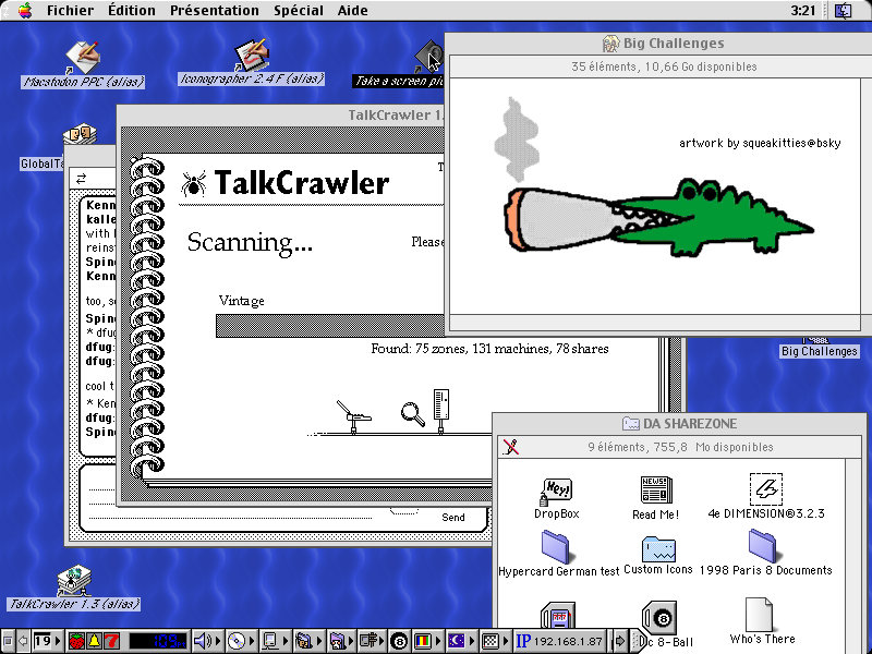 Another Mac OS 9 screenshot, showing TalkCrawler indexing a bunch of AppleTalk zones and a shared folder with... Big Challenges smoking the boof! hell yeah!