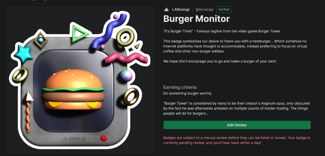 A picture of the "Burger Time" LRR badge on Holopin - yes this is a yuji naka reference