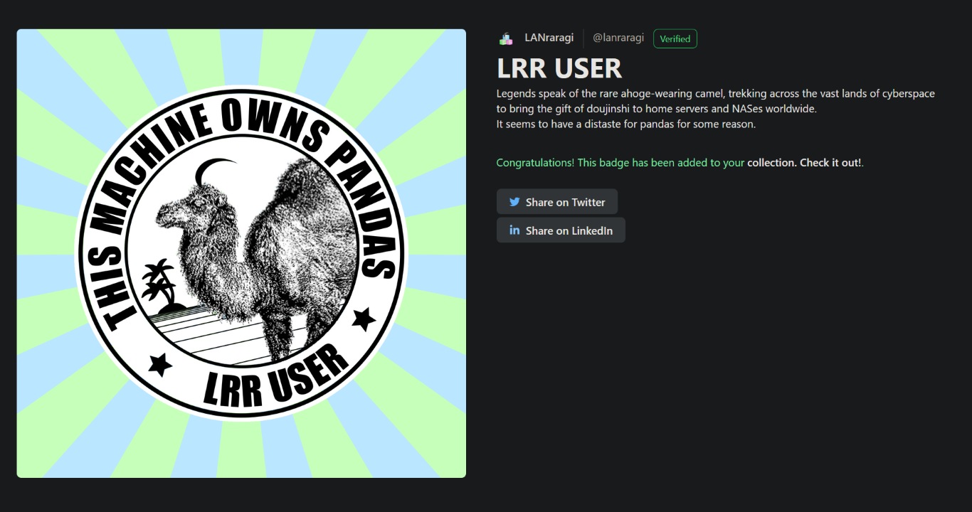 A picture of the "LRR USER" badge on Holopin
