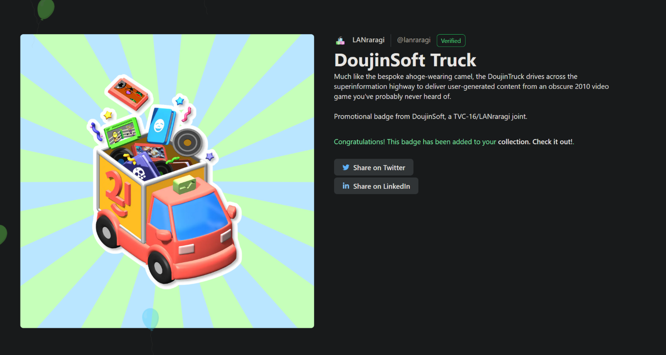 A picture of the "DoujinSoft Truck" badge on Holopin