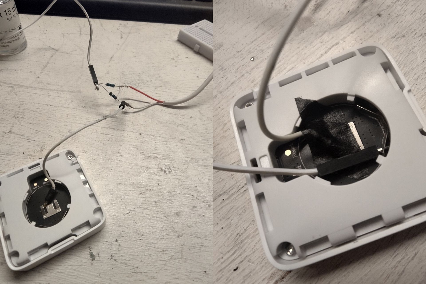 A jank-in-progress montage of the monitor having wires taped to its contacts